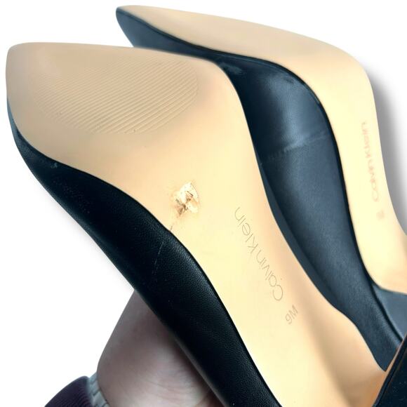 NEW Calvin Klein Pointed Toe Pumps Size 9 High Stiletto Heels Black Leather FLAW - Picture 7 of 13